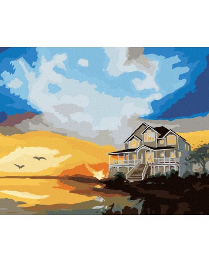 Haft diamentowy - DOM NAD WODĄ I CZERWONE KWIATY (D. RUSTY RUST)