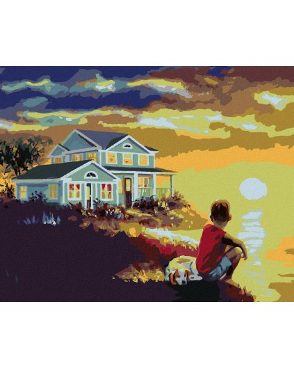Haft diamentowy - CHŁOPIEC I PIES NAD MORZEM O ZACHODZIE SŁOŃCA (D. RUSTY RUST)