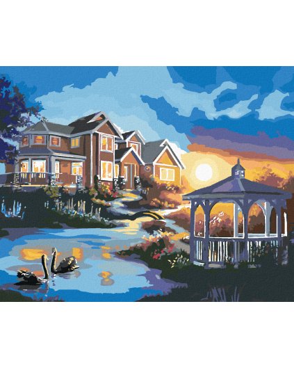 Haft diamentowy - ŁABĘDZIE, ALTANKA PRZY DOMU I ZACHÓD SŁOŃCA (D. RUSTY RUST)