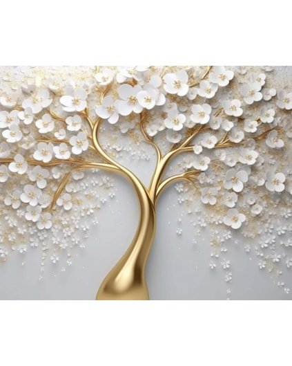 Obrazki na ścianę - Złote drzewo z białymi kwiatami