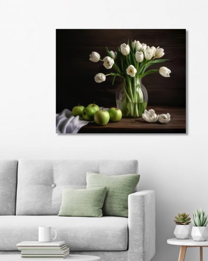 Obrazki na ścianę - Białe tulipany w wazonie