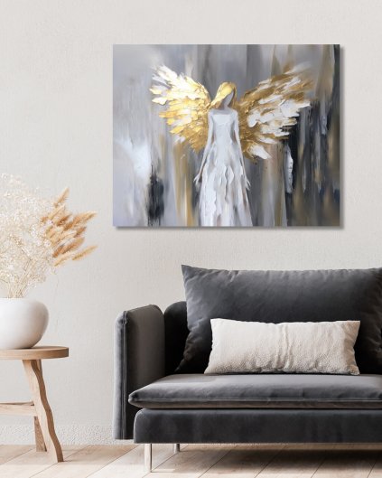 Obrazki na ścianę - Biały anioł ze złotymi skrzydłami