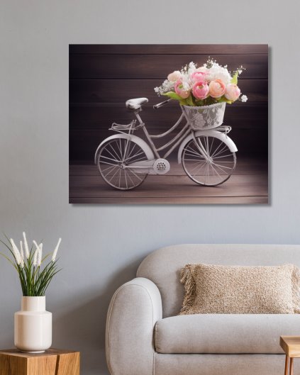Obrazki na ścianę - Rower z koszem róż