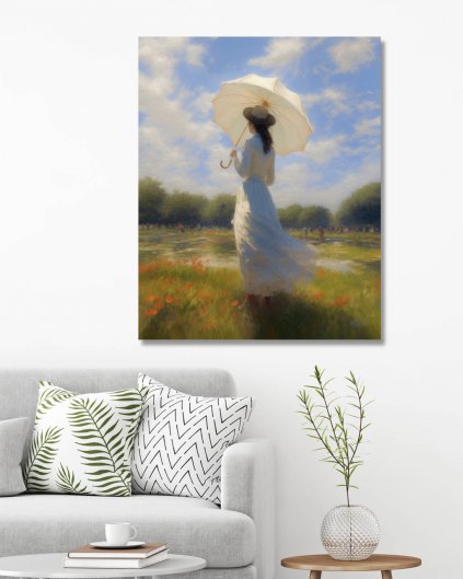 Obrazki na ścianę - Kobieta z parasolem na łące