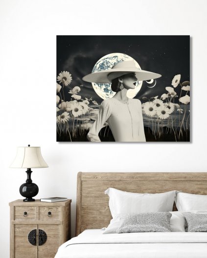 Obrazki na ścianę - Retro kobieta w kapeluszu z księżycem