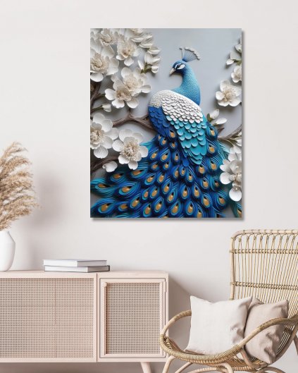 Obrazki na ścianę - Niebieski paw wśród białych kwiatów
