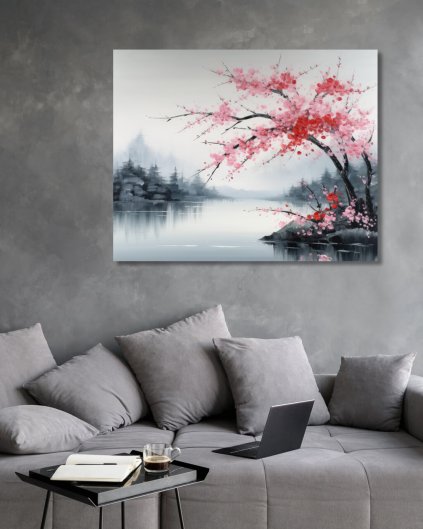Obrazki na ścianę - Różowe drzewo nad rzeką