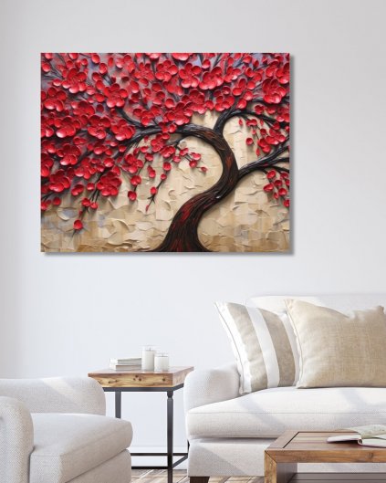 Obrazki na ścianę - Drzewo z czerwonymi kwiatami