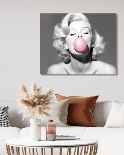 Obrazki na ścianę - Marilyn Monroe z różową gumą balonową