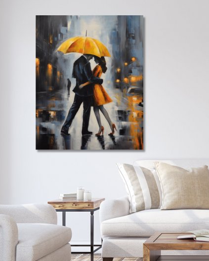 Obrazki na ścianę - Kochankowie pod pomarańczowym parasolem
