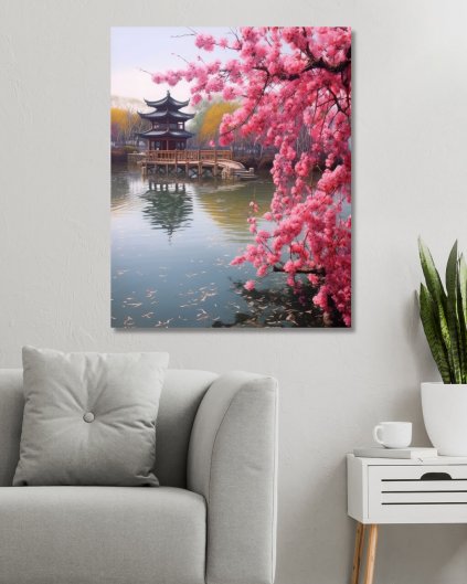 Obrazki na ścianę - Japońska świątynia przy różowej sakurze