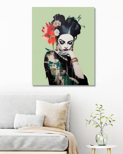 Obrazki na ścianę - Zamyślona kobieta z kwiatami we włosach