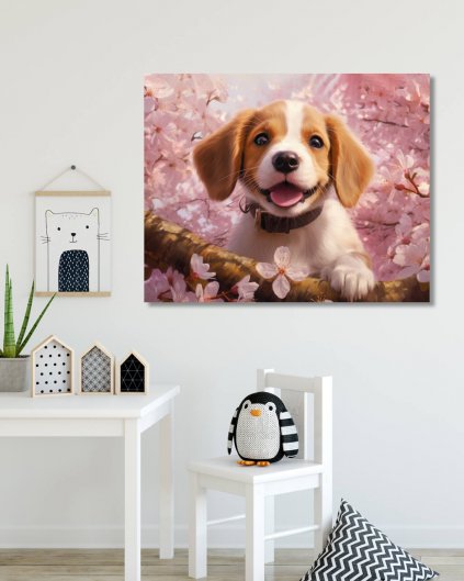 Obrazki na ścianę - Pies i kwiat wiśni