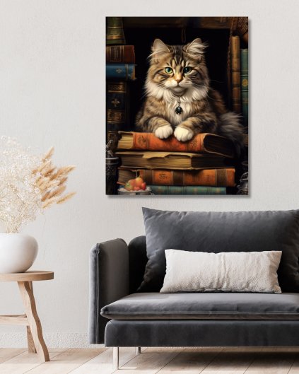 Obrazki na ścianę - Kot z obsesją na punkcie zapachu książek