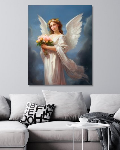 Obrazki na ścianę - Anioł stróż trzymający bukiet