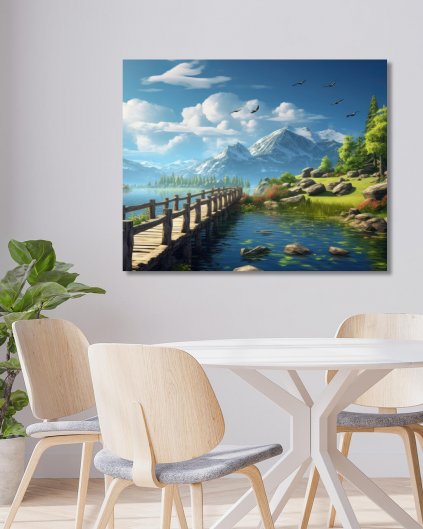 Obrazki na ścianę - Drewniany most nad górskim jeziorem