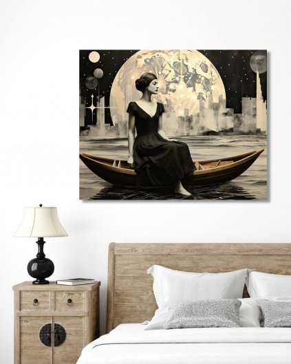 Obrazki na ścianę - Retro kobieta z łodzią i księżycem