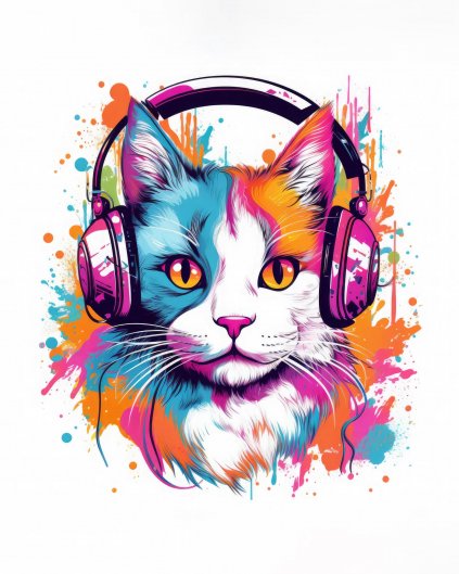 Obrazki na ścianę - Kolorowy kot ze słuchawkami