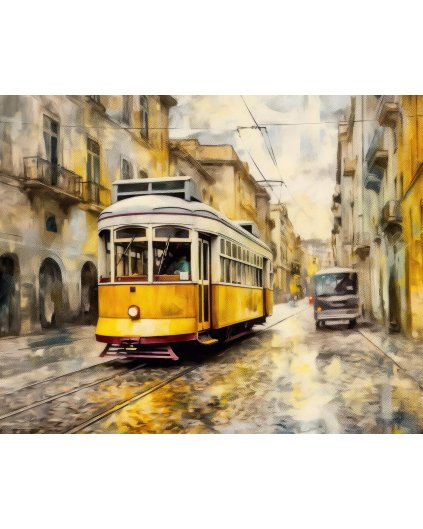 Obrazki na ścianę - Stary tramwaj przejeżdżający przez miasto