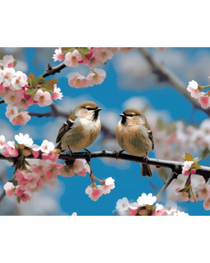 Obrazki na ścianę - Dwa ptaki na kwitnącej gałęzi