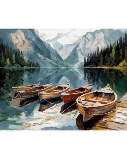 Obrazki na ścianę - Górskie jezioro i zacumowane łodzie