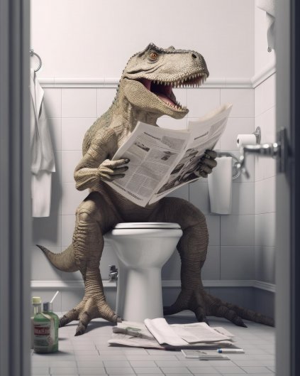 Obrazki na ścianę - Dinozaur z gazetą na toalecie