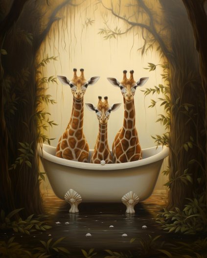 Obrazki na ścianę - Rodzina żyraf w wannie