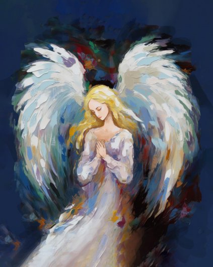 Obrazki na ścianę - Modlący się anioł z abstrakcyjnymi skrzydłami