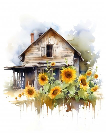 Obrazki na ścianę - Drewniany domek z ogrodem słonecznikowym