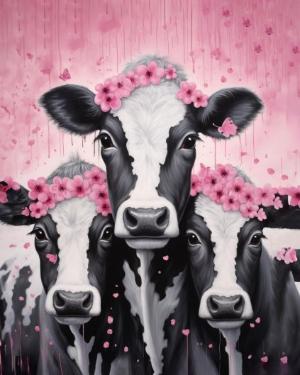 Obrazki na ścianę - Krowy z różowymi kwiatami