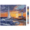 Malowanie po numerach - ŻAGLÓWKI NA PLAŻY, LATARNIA I ZACHÓD SŁOŃCA