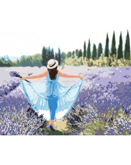 Maľovanie podľa čísel - LEVANDUĽOVÉ POLE A ŽENA V MODRÝCH ŠATÁCH