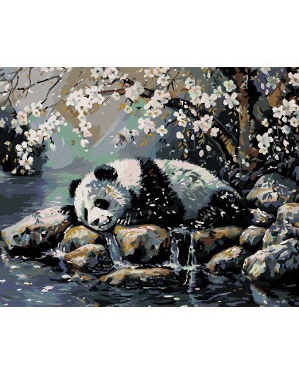 Diamantové maľovanie - SPIACA PANDA A ROZKVITNUTÝ STROM