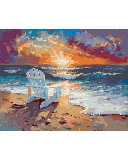Diamantové maľovanie - PLÁŽOVÉ STOLIČKY PRI MORI A ZÁPAD SLNKA
