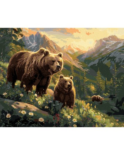 Diamantové maľovanie - ZÁPAD SLNKA, MEDVEĎ S MLÁĎATAMI A RIEKA MEDZI HORAMI