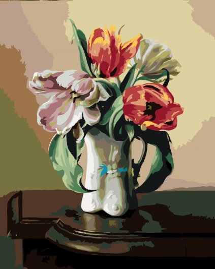 Maľovanie podľa čísel - ZÁTIŠIE TULIPÁNY V PORCELÁNOVEJ VÁZE NA STOLE (PIETER WAGEMANS)