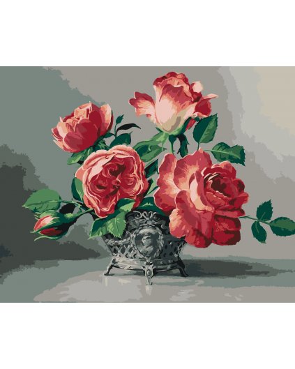 Maľovanie podľa čísel - ZÁTIŠIE RUŽOVÉ RUŽE V ZDOBENEJ VÁZE (PIETER WAGEMANS)