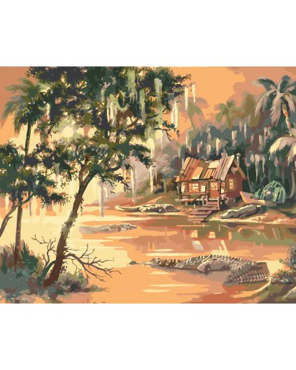 Maľovanie podľa čísel - ALIGÁTORI VO VODE A CHATA V DŽUNGLI (D. RUSTY RUST)