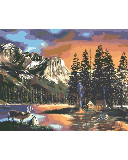 Maľovanie podľa čísel - CHATA, JAZERO, JELEŇ A HORY (D. RUSTY RUST)