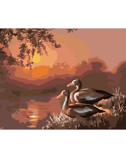 Maľovanie podľa čísel - KAČKY PRI JAZERE A ZÁPAD SLNKA (D. RUSTY RUST)