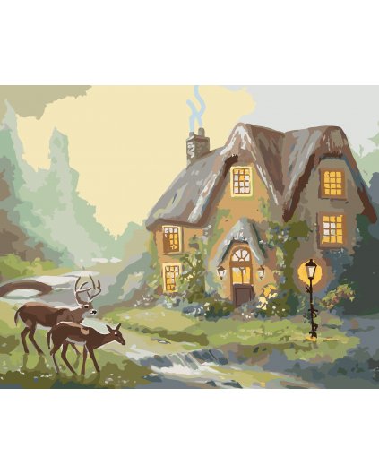 Maľovanie podľa čísel - JELEŇ A LAŇ PRI LESNOM DOME (D. RUSTY RUST)