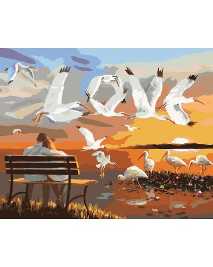 Maľovanie podľa čísel - PÁR NA LAVIČKE A LETIACE VTÁKY (D. RUSTY RUST)
