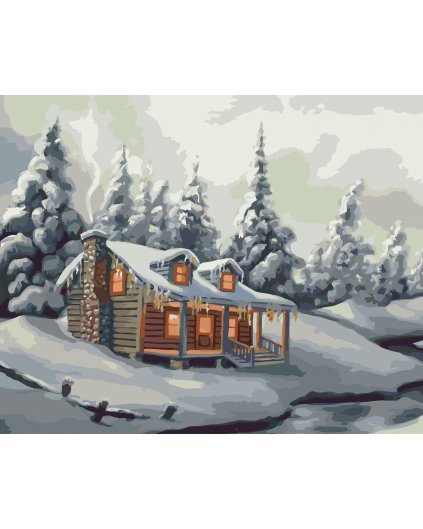 Maľovanie podľa čísel - ZASNEŽENÉ STROMY, RIEKA A CHATA V ZIME (D. RUSTY RUST)