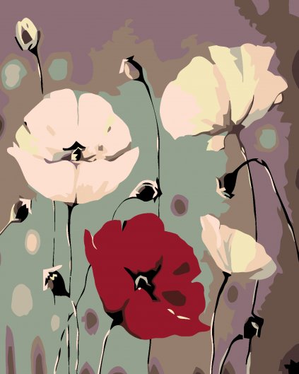Maľovanie podľa čísel - BIELE VLČIE MAKY S JEDNÝM ČERVENÝM