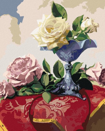 Diamantové maľovanie - ZÁTIŠIE BIELE A RUŽOVÉ RUŽE NA ČERVENOM OBRUSE (PIETER WAGEMANS)