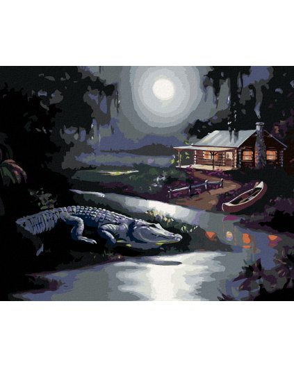 Diamantové maľovanie - ALIGÁTOR NA BREHU A CHATA PRI SPLNE (D. RUSTY RUST)