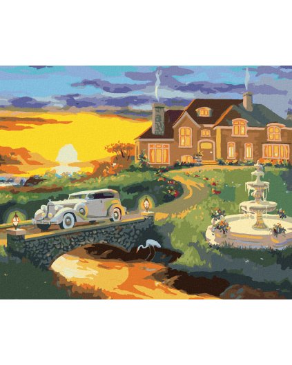 Diamantové maľovanie - BIELE AUTO ODCHÁDZAJÚCE OD DOMU A ZÁPAD SLNKA (D. RUSTY RUST)