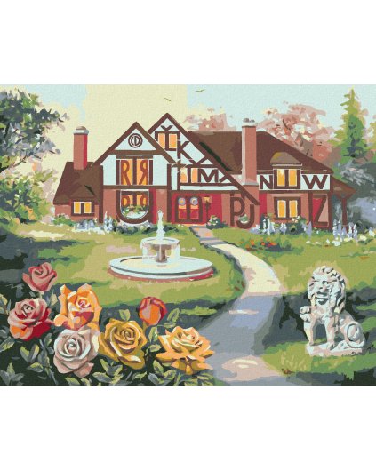 Diamantové maľovanie - DOM S PÍSMENAMI A FONTÁNOU, RUŽA A SOCHA LEVA (D. RUSTY RUST)