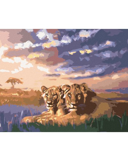 Diamantové maľovanie - DVA LEVY PRI VÝCHODE SLNKA (D. RUSTY RUST)