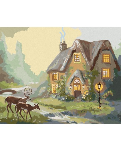 Diamantové maľovanie - JELEŇ A LAŇ PRI LESNOM DOME (D. RUSTY RUST)